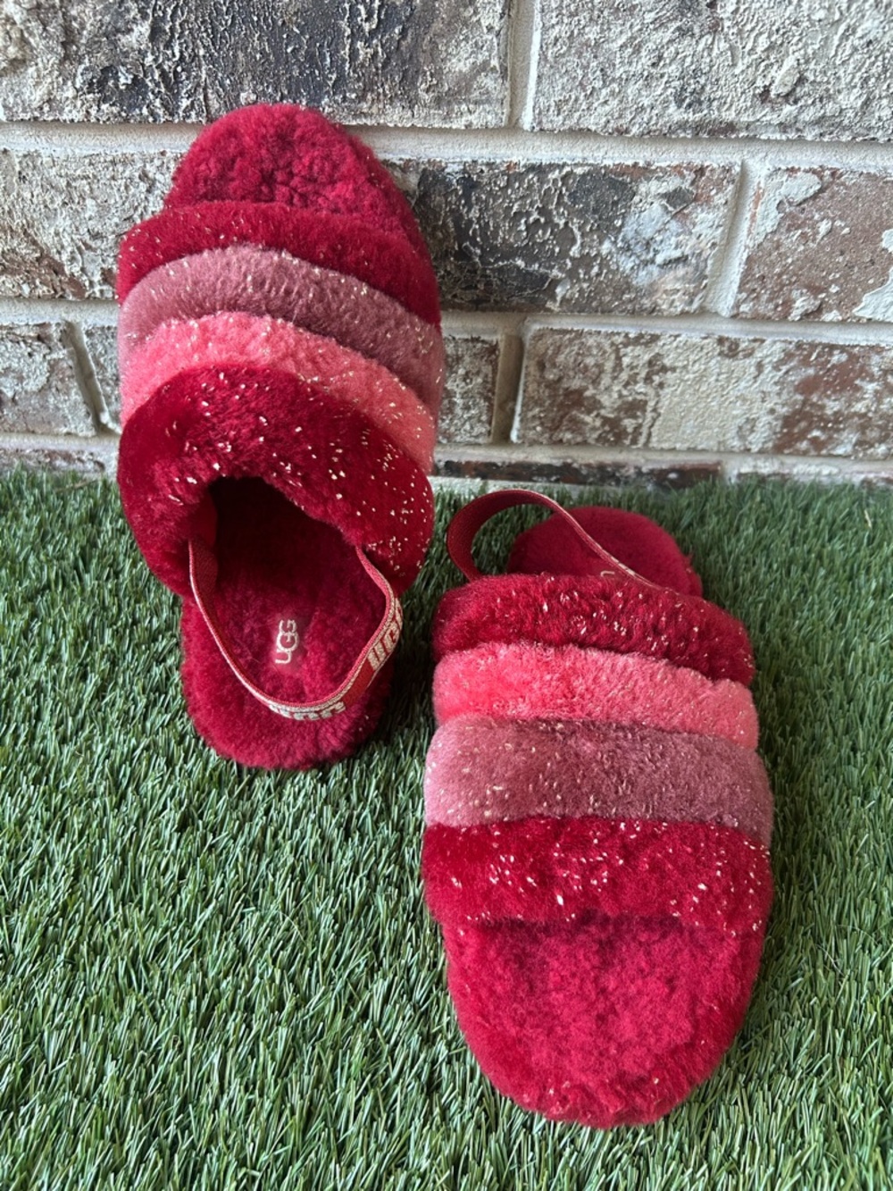 UGG Kids Red and Pink Striped Fluff Slides